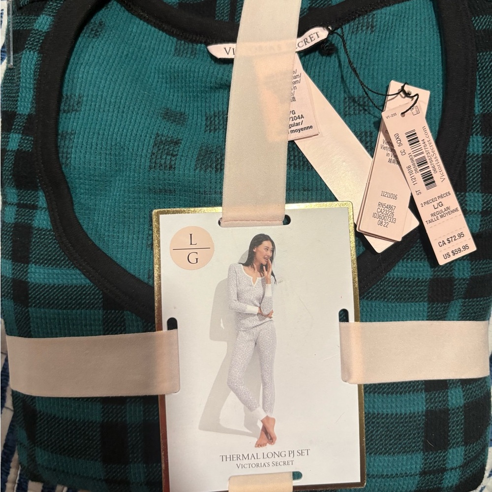 Victoria's Secret Teal and Black Plaid Thermal Long PJ Set